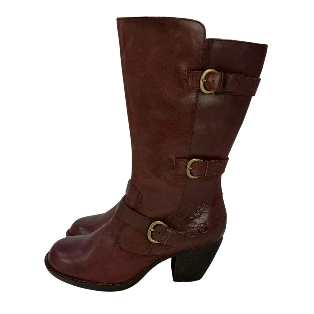 Born Maleri Boots 9M Mid Calf With Buckles Brown Burgundy Leather Block Heel